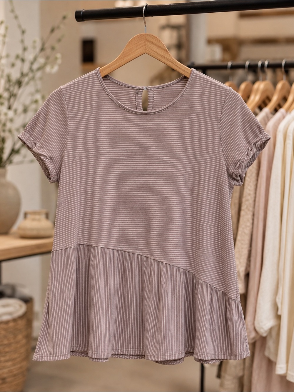 Women's Short Sleeve Striped Peplum Tee in Mauve